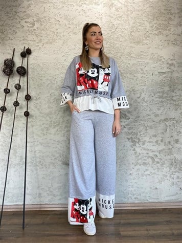 Mickey Mouse Bel Büzgülü Takım (Gri)