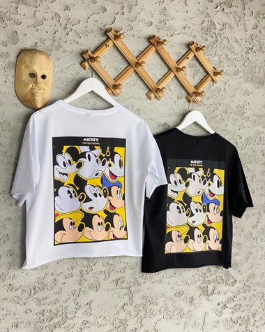 Mickey Mouse Emojili Taş İşçili Tshirt (Beyaz)
