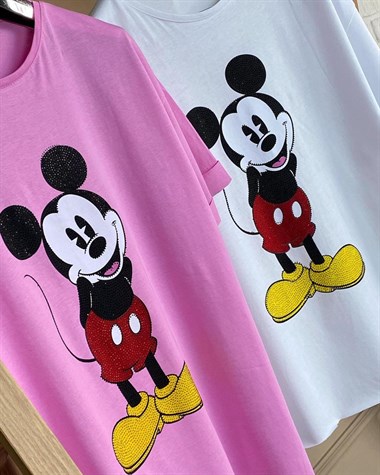 Mickey Mouse Üzerine Taş İşçilikli Tshirt (PEMBE & BEYAZ)