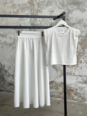 Midi Boy Lastik Belli Etek (Beyaz)