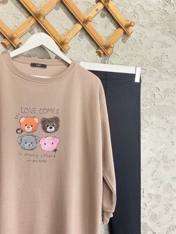 Mini Teddy Baskılı Tunik Sweat (Kahve)