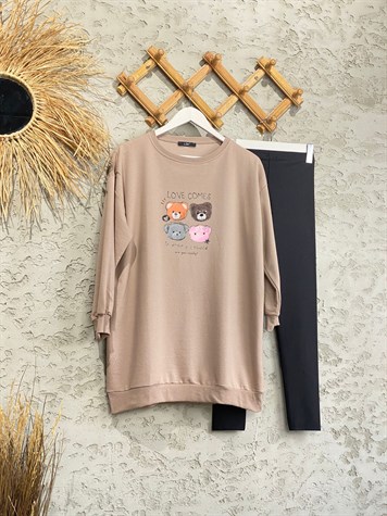 Mini Teddy Baskılı Tunik Sweat (Kahve)