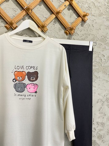 Mini Teddy Baskılı Tunik Sweat (Ekru)