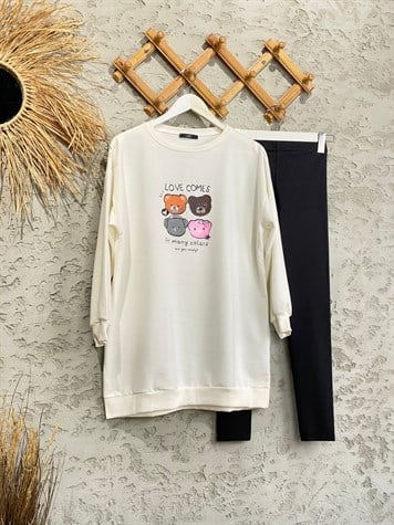 Mini Teddy Baskılı Tunik Sweat (Ekru)