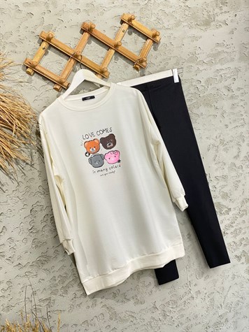 Mini Teddy Baskılı Tunik Sweat (Ekru)