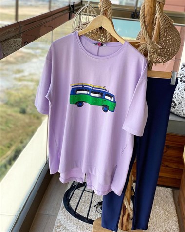 Minibüs Baskılı Salaş Model Penye Tunik Tshirt  (LİLA)