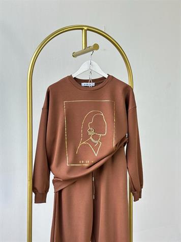 Minimal Desenli Kadın Eşofman Takım (Kahve)