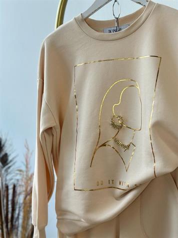 Minimal Desenli Taş İşlemeli Sweat (Bej)