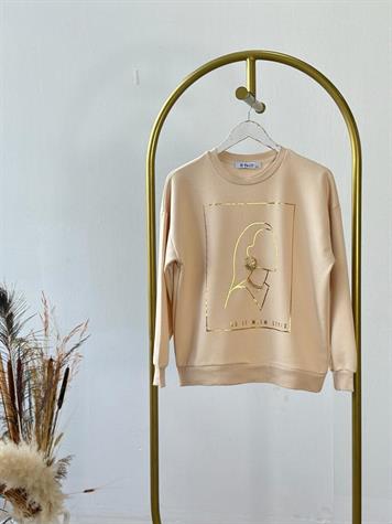 Minimal Desenli Taş İşlemeli Sweat (Bej)