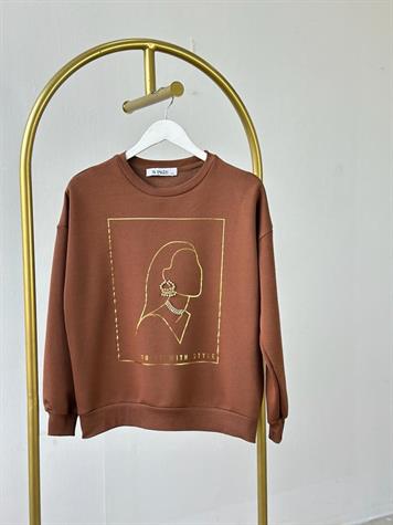 Minimal Desenli Taş İşlemeli Sweat (Kahve)