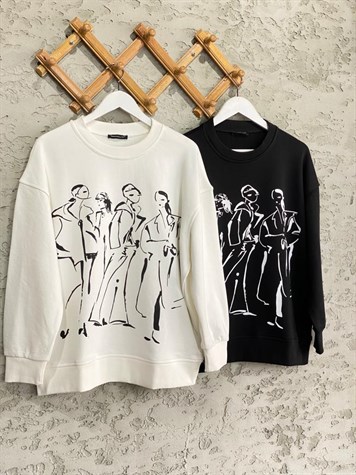 MİNİMAL İNSANLAR DESENLİ SWEATSHİRT (BEYAZ)