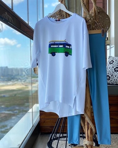 Minübüs Baskılı Salaş Model Penye Tunik Tshirt  (BEYAZ)