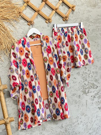 Motif Desenli Kimono Şort Takım (Turuncu)