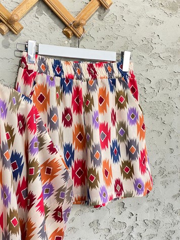 Motif Desenli Kimono Şort Takım (Turuncu)