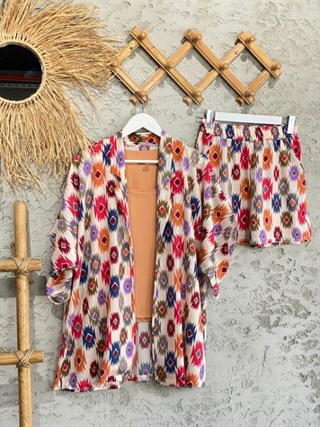 Motif Desenli Kimono Şort Takım (Turuncu)