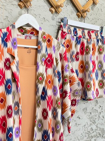 Motif Desenli Kimono Şort Takım (Turuncu)