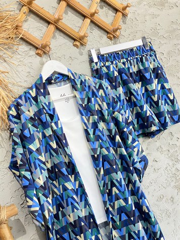 Motif Desenli Kimono Şort Takım (Lacivert)
