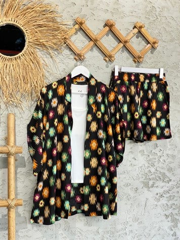 Motif Desenli Kimono Şort Takım (Siyah)