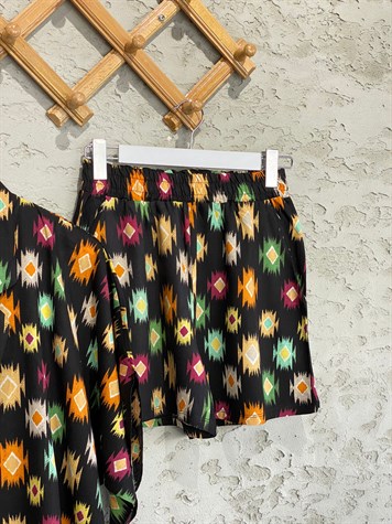 Motif Desenli Kimono Şort Takım (Siyah)
