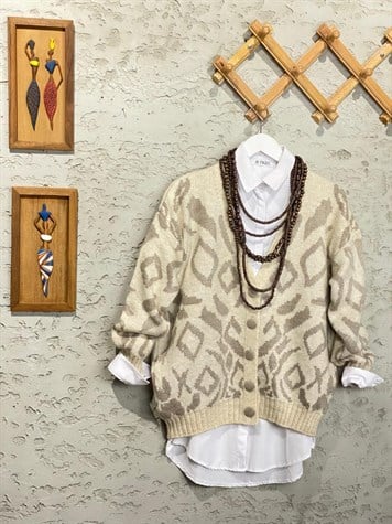 Motif Desenli Örgü Çelik Hırka (Taş)