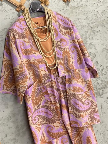 Multi Desenli Keten Kimono Alt Üst Takım (Lila)