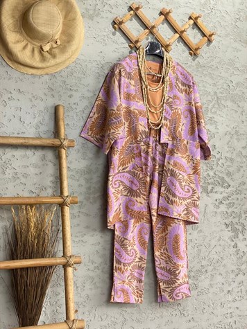 Multi Desenli Keten Kimono Alt Üst Takım (Lila)