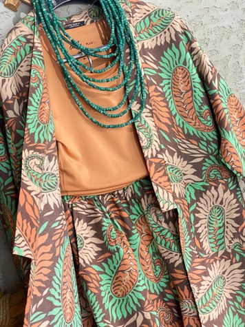 Multi Desenli Keten Kimono Alt Üst Takım (Haki)
