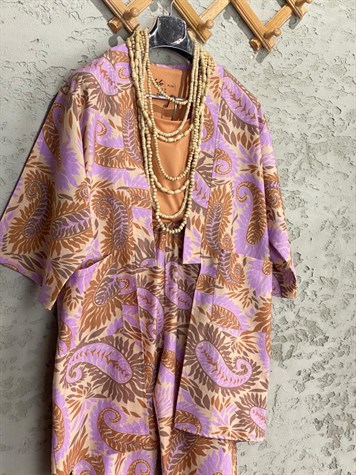 Multi Desenli Keten Kimono Alt Üst Takım (Lila)