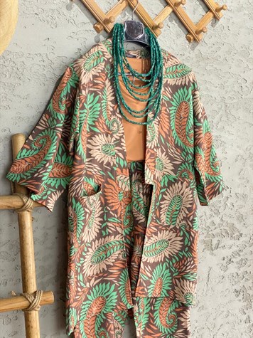 Multi Desenli Keten Kimono Alt Üst Takım (Haki)