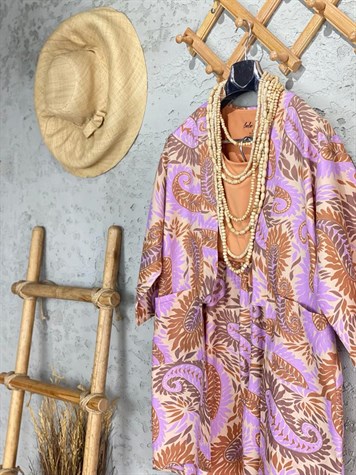 Multi Desenli Keten Kimono Alt Üst Takım (Lila)