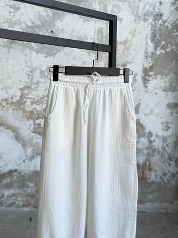Müslin Kumaş Paçası Çımalı Pantolon (Ekru)