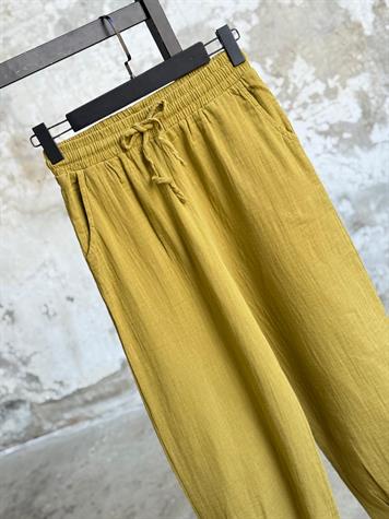 Müslin Kumaş Paçası Çımalı Pantolon (Olive)