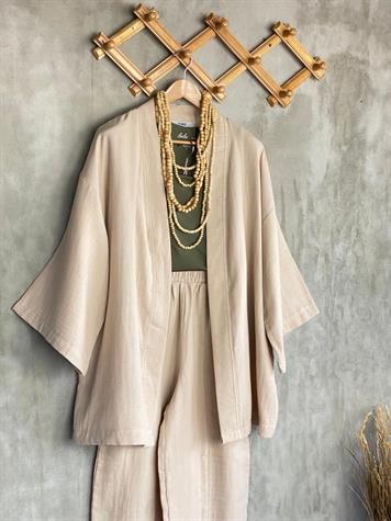 Müslin Kumaş Şalvar Pantolon Kimono Takım (Taş)