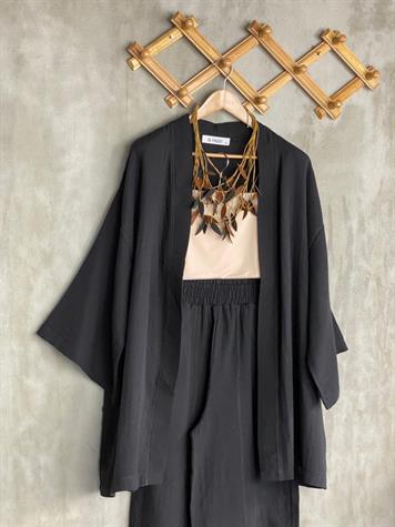 Müslin Kumaş Şalvar Pantolon Kimono Takım (Siyah)