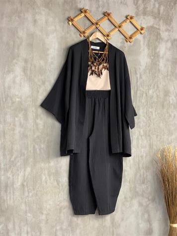 Müslin Kumaş Şalvar Pantolon Kimono Takım (Siyah)