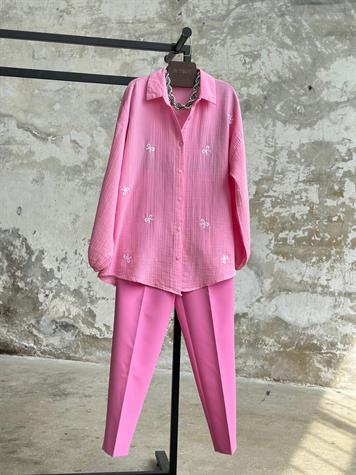 Nakış Fiyonklu Müslin Gömlek (Pembe)
