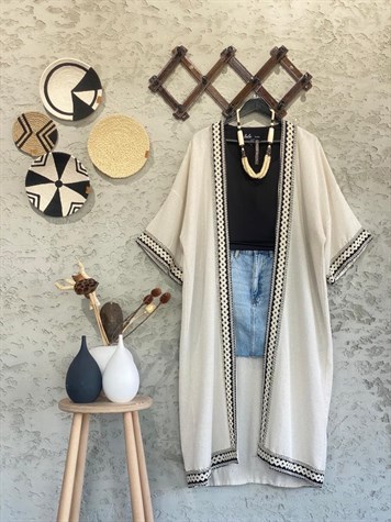 NAKIŞ ŞERİTLİ KİMONO (BEJ)