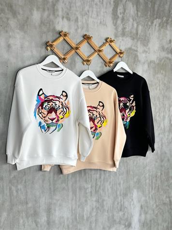 Nakışlı Kaplan işlemeli Kadın Sweat (Beyaz)
