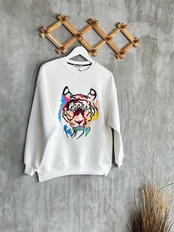 Nakışlı Kaplan işlemeli Kadın Sweat (Beyaz)