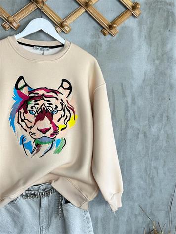 Nakışlı Kaplan işlemeli Kadın Sweat (Bej)