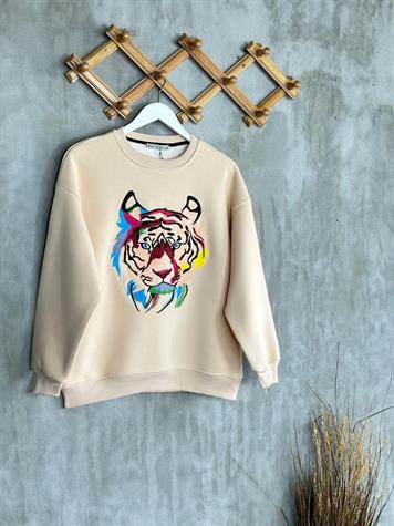 Nakışlı Kaplan işlemeli Kadın Sweat (Bej)
