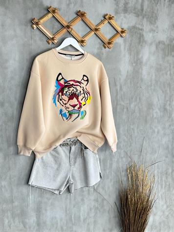 Nakışlı Kaplan işlemeli Kadın Sweat (Bej)