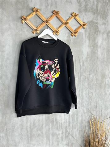 Nakışlı Kaplan işlemeli Kadın Sweat (Siyah)