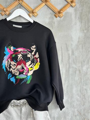 Nakışlı Kaplan işlemeli Kadın Sweat (Siyah)