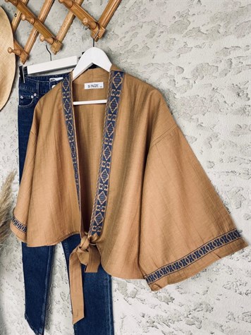 Nakışlı Keten Kimono (Camel)