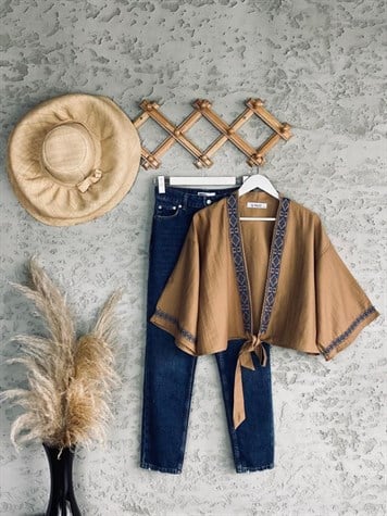 Nakışlı Keten Kimono (Camel)