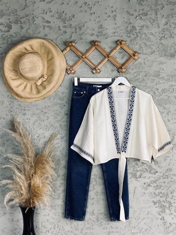 Nakışlı Keten Kimono (Ekru)