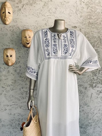 Nakışlı Rahat Form Keten Elbise (Beyaz)