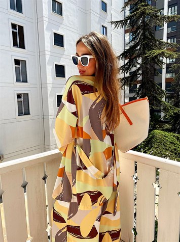 Natural Sarı Ve Gri Karışık Desen Tasarım Kuşaklı Kimono Weart Takım