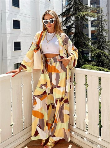 Natural Sarı Ve Gri Karışık Desen Tasarım Kuşaklı Kimono Weart Takım